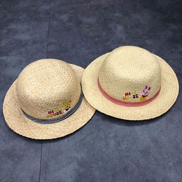 

japanese and korean style new boys' and girls' straw lafite material children's straw hat bear rabbit embroidered sun hat, Yellow