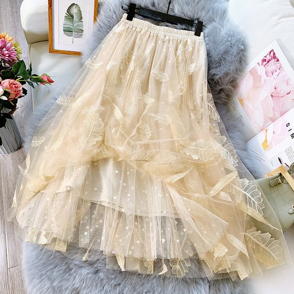 

2020 spring summer embroidery feather tulle women skirts girls fairy midi elastic high waist a line mesh tutu skirt jupe, Black