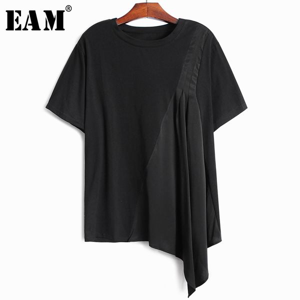 

eam] women black irregular pleated stitch leisure t-shirt new round neck short sleeve fashion tide spring summer 2020 1x904, White
