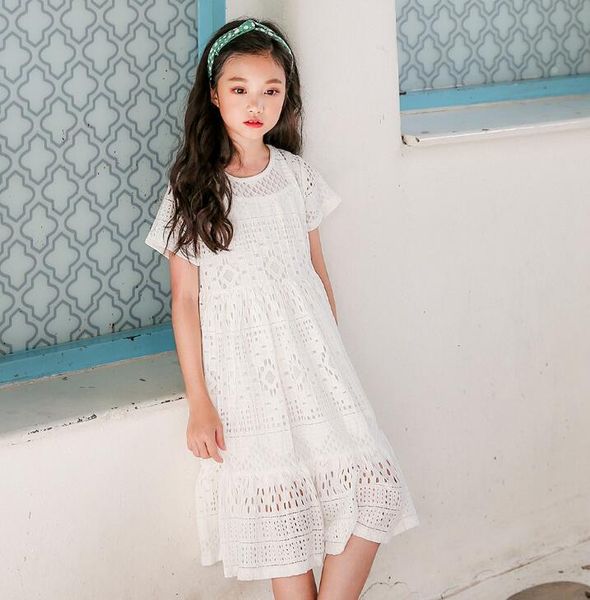 Verão meninas vestido estourou modelos 2020 de médio porte crianças oco rendas saia roupas de criança da princesa saia WY1437