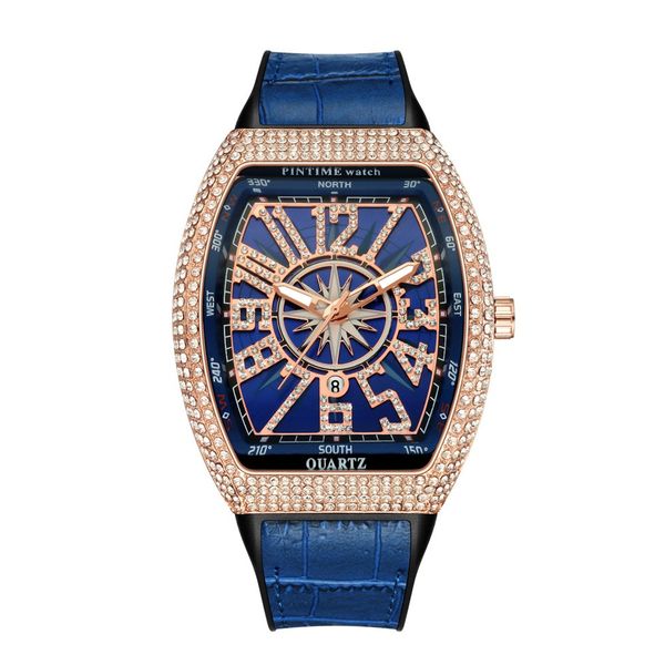 

blue dial men design watch yachting diamond iced out watches stainless steel quartz movement leather strap male dress wristwatch clock, Slivery;brown