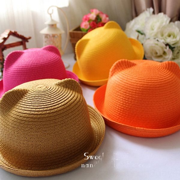 

summer cute cat ear parent-child straw korean bear shade children's beach men and women sun straw hat sun hat, Blue;gray