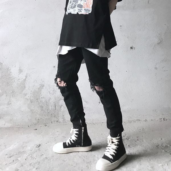 

nirben korean style high street and zipper jeans hole knife cut side zipper black slim jeans men's and women's fashion brand, Blue