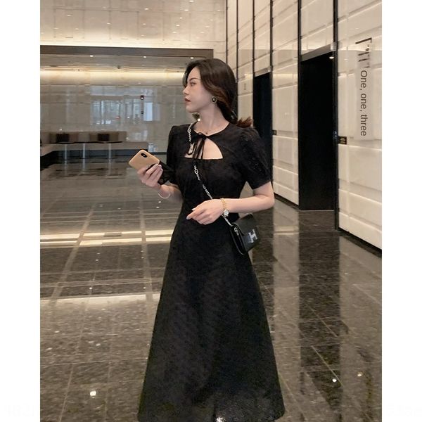 

2020 dress summer classic black and white french style design sense small efforts hollow-out crochet dress two-color long short, Black;gray