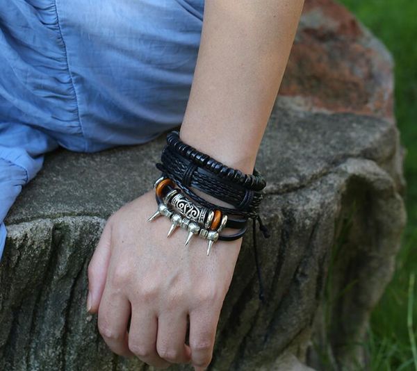 

2020 men's genuine leather bracelet diy pu multi layer rivet bracelet combination suit bracelet 3styles/1set, Black