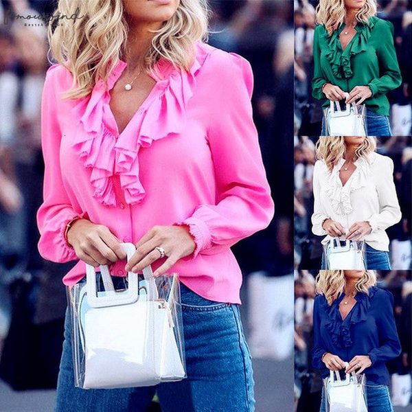 

2020 spring women blouses belong sleeve ruffles loose elegant vintage casual big large pluse office shirts, White