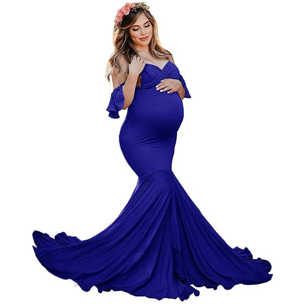 

shoulderless ruffled sleeve pregnancy dress pgraphy props maternity maxi gown dresses for p shoot pregnant women clothes, White
