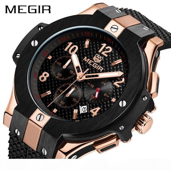 

megir chronograph sport watch men creative big dial army quartz watches clock men wrist watch hour relogio masculino, Slivery;brown