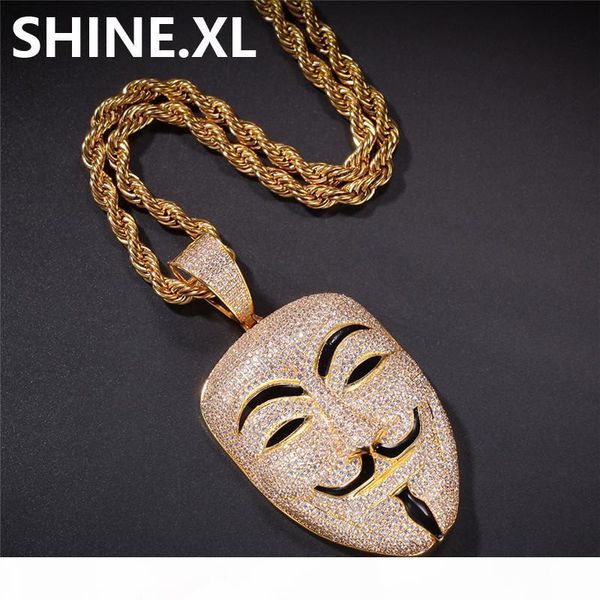 

v for vendetta mask pendant necklace with rope chain iced out zircon mens hip hop jewelry gift, Silver