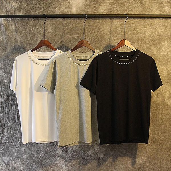 

19ss stylist short sleeve men metal rivet collar t shirts t-shirt hip hop skateboard street cotton t-shirts tee top, White;black