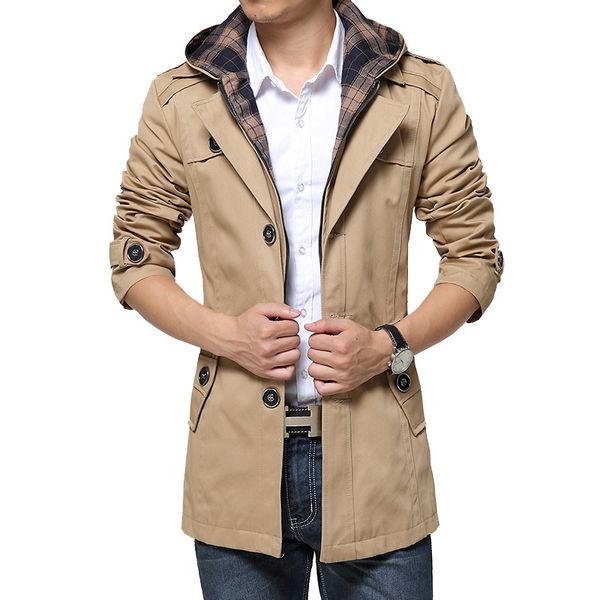 

new style mens trench coat fashion single breasted removable hooded slim long trench coat men casual mens long with a hood, Tan;black