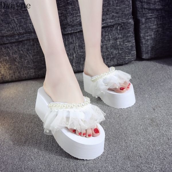 

pearl lace slippers female summer korean version of the sweet fashion 2020 new non-slip thick bottom flip flops, Black