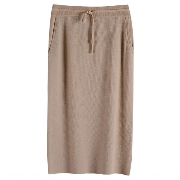 

xuoih drawstring pocket knitted skirt corn grain corn cornwoven straight tube elastic drawstring waist solid color korean style skirt temper, Black