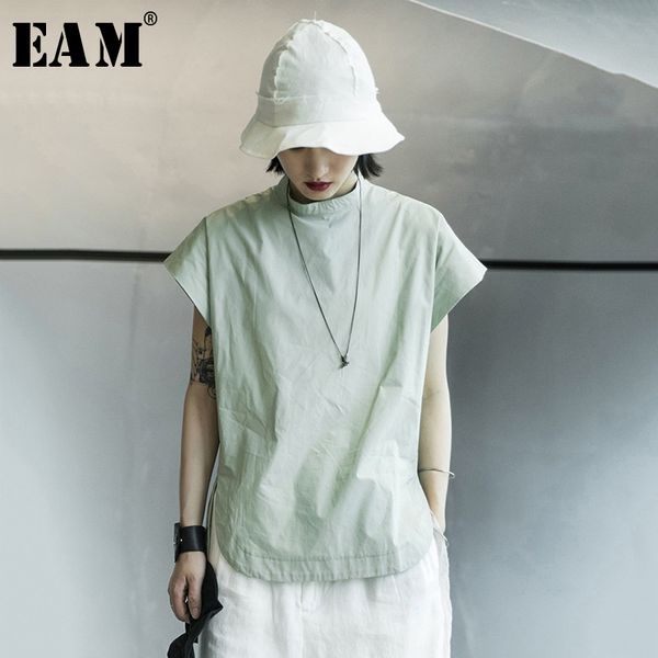 

eam] women green brief big size vent leisure t-shirt new stand collar short sleeve fashion tide spring summer 2020 1x016, White