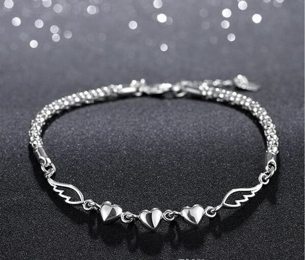 

valentine gift 925 sterling silver plated heart feather bracelet fashion 925 sterling silver chain link bracelets dropshipping, Black