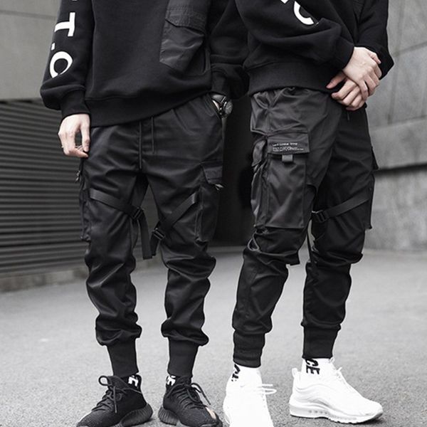 

black cargo pants hip hop boys multi-pocket elastic waist harem pants men streetwear punk trousers jogger male tactical