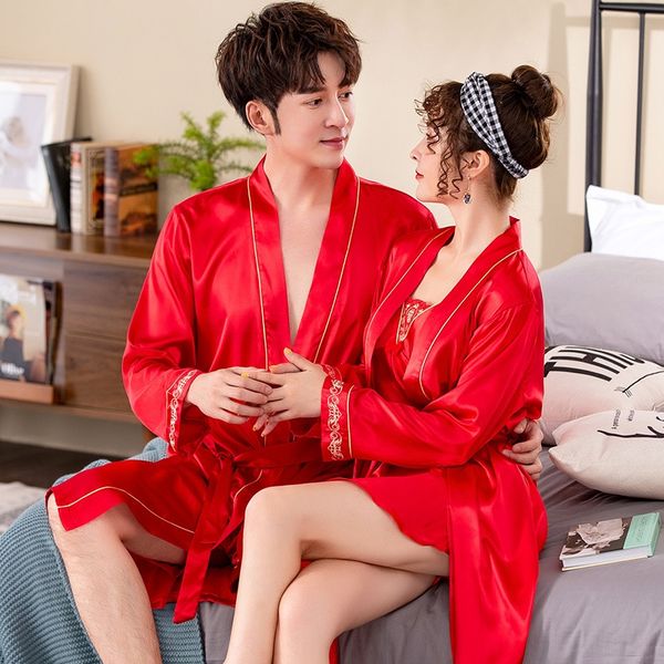 

kmi11 new couple's night men's and women's red wedding nightgown morning simulation pajamas bathrobe pajamas gown imitation s, Black;brown