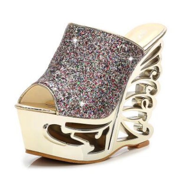 

2019 new high heels 15cm slippers sequins women slippers sandals wedge hollow casual female women platform sandals ladies wedding shoes, Black