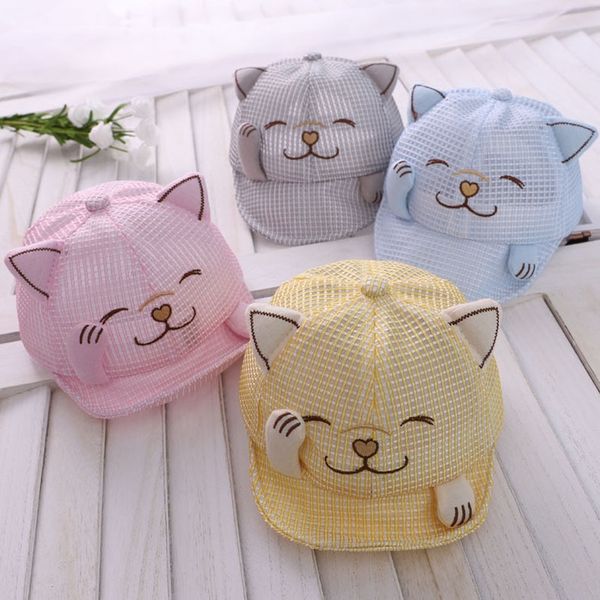 

fortune cat cap cap embroidered net summer new cartoon embroidery baby net hat baby sun hat mz9161, Blue;gray