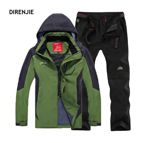 

direnjie men outdoor summer climbing trekking camping hiking fishing hoodie jackets + waterproof mountaineering trousers sets, Blue;black