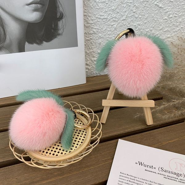 

real mink fur juicy peach pompom bag charm keychain pendant keyring tassels, Silver