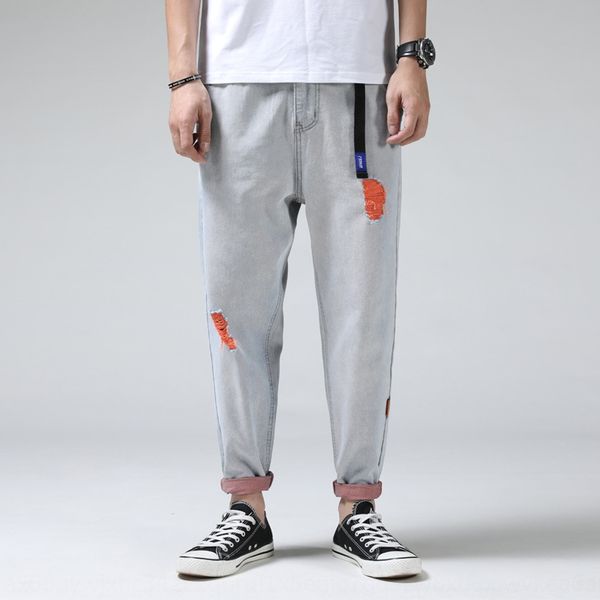 

autumn new nine-point men's fashion color hole light color wash large size harem jeans and jeans pants men's, Blue