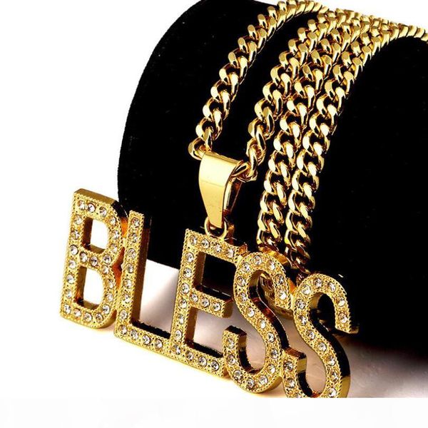 

bless letter pendant necklace women mens chain iced out paved rhinestones hip hop trendy gold color necklace fashion jewelry, Silver