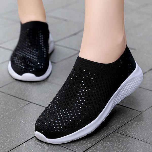 

women causal air mesh sneakers ladies breathable bling loafers women's slip on knitting shoes light fashion female shoe autumn, Black