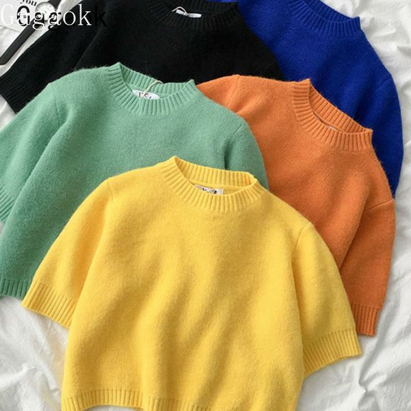 

gagaok women casual knitted sweater 2020 spring autumn new solid turtleneck short loose wild simple soft warm outwear pullover, White;black