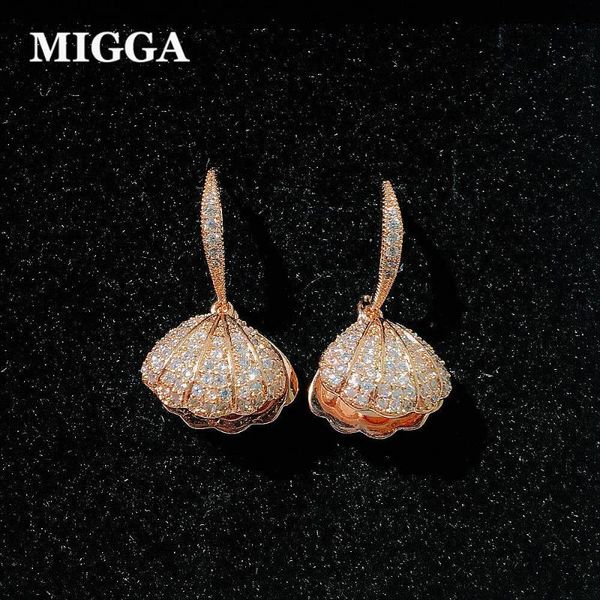 

migga luxury cubic zirconia paved mussel shell simulated pearl dangle earrings for women rose gold color, Silver
