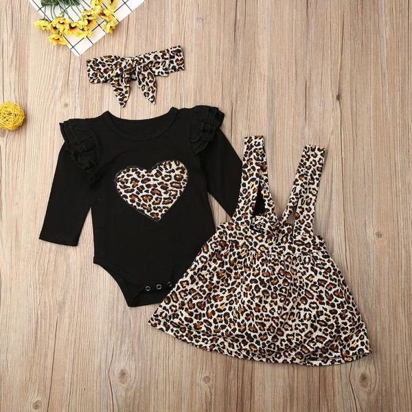 

0-24m newborn baby girls ruffle heart print long sleeve bodysuit leopard tutu skirt outfits 3pcs clothes, White