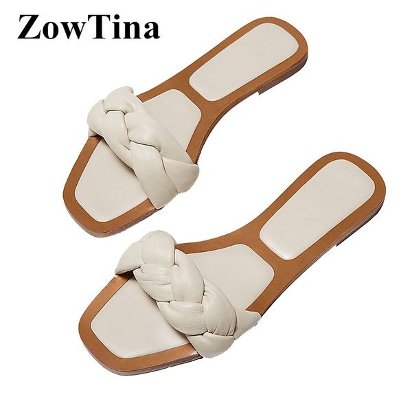 

2020 new summer slippers white leather twist weaving flat sandals casual design lady beach sandalias femmes black knit slides