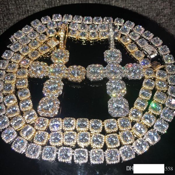 

iced out chains hip hop jewelry men full diamond cross pendant necklace micro cubic zirconia copper set diamond necklace bread diamond, Golden;silver