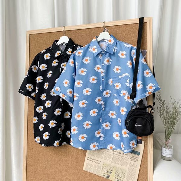 

men's casual shirts daisy flower print hip hop short sleeve summer beach streetwear hawaiian men harajuku aloha shirt for, White;black