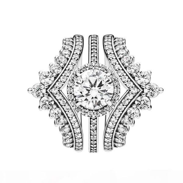 

3 in 1 luxury ring set princess wish rings round sparkle halo ring for pandora 925 sterling silver ring with original box, Slivery;golden