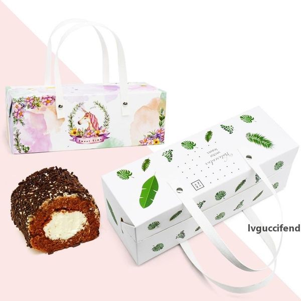 

green leaf unicorn cake roll box with handle , swiss roll handbag, chiffon milk roll boxes, cake box lx0503