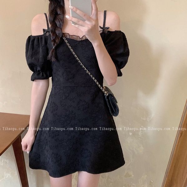 

nana fashion womens dress shop retro hepburn style careful machine off-shoulder black strap jacquard dress small black dress tide, White;black