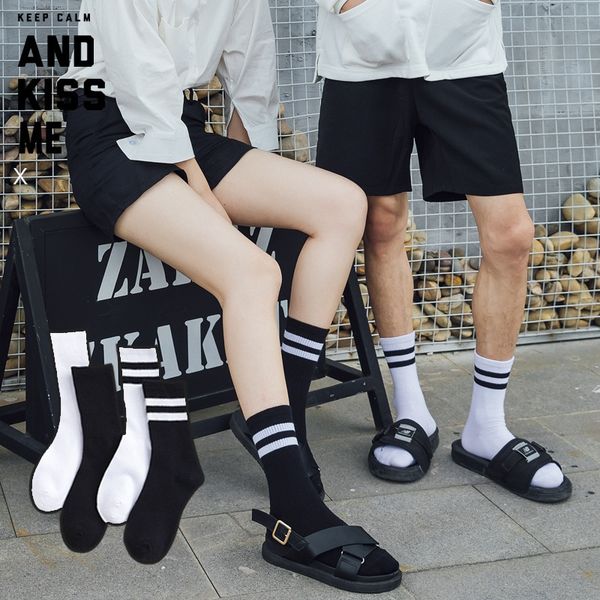 

cotton solid color two-bar women's neutral black and white two-colorstyle sports tube couple parallel bars and socks men's socks