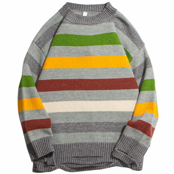 

men hip hop knitted jumper sweaters holes striped streetwear harajuku autumn cotton casual loose pullovers hipster, White;black