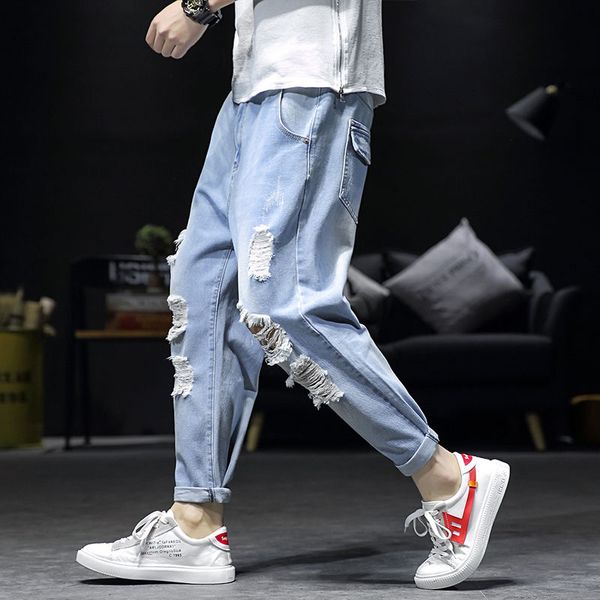 

men's jeans ripped for men baggy streetwear 5xl plus size ankle length denim trousers casual jogger black, Blue