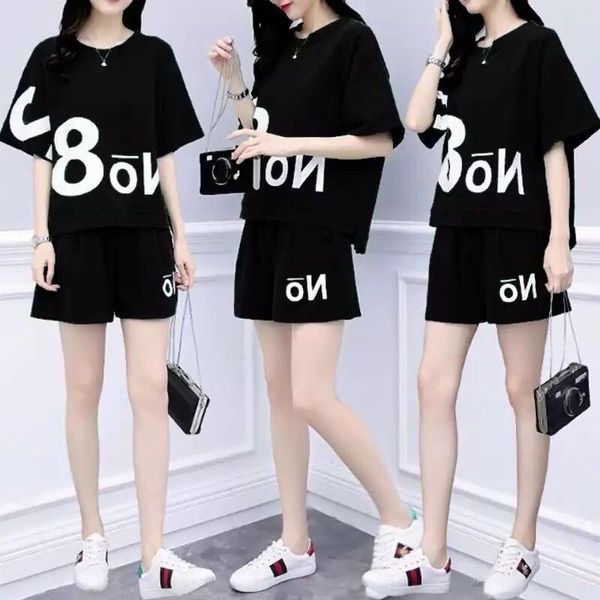 

2020 women's two-piece loose suit shorts pants set slimming 200kg fat mm plus plus size short sleeve short pants suit fashion, Gray