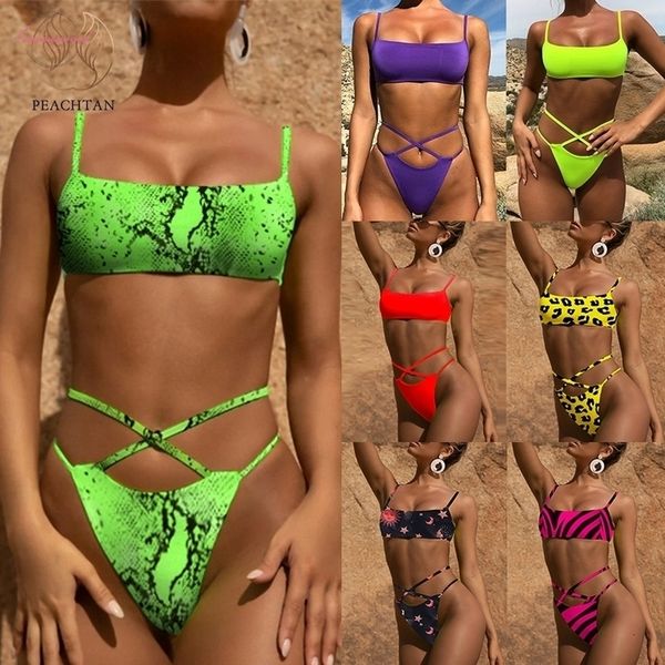 

peachtan neon green bikini 2020 bikinis micro leopard swimsuit female push up bandeau swimwear women bathing suit biquini summer, White;black