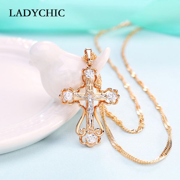 

ladychic fashion women zircon cross pendant gold color copper crystal jesus cross pendants necklace hip hop jewelry ln1060, Silver