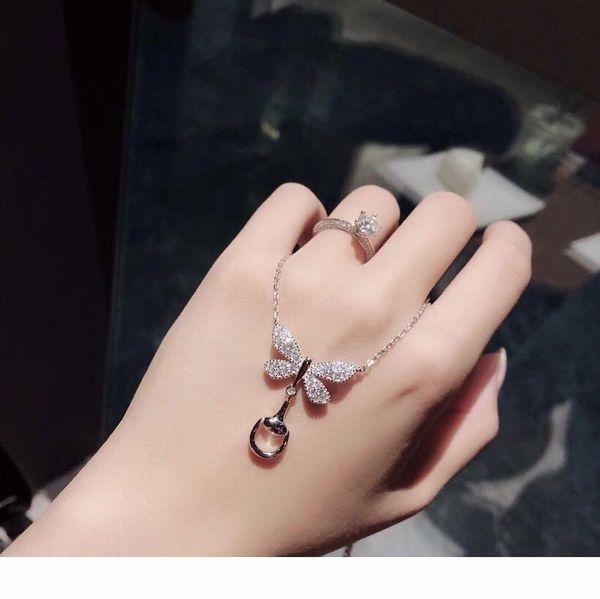 

luxury classic designer s925 sterling silver full crystal butterfly charm buckle pendant short chain necklace for women jewelry