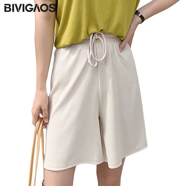 

bivigaos women's summer new ice silk wide-leg shorts korean high waist straight shorts large casual loose 4 color, White;black