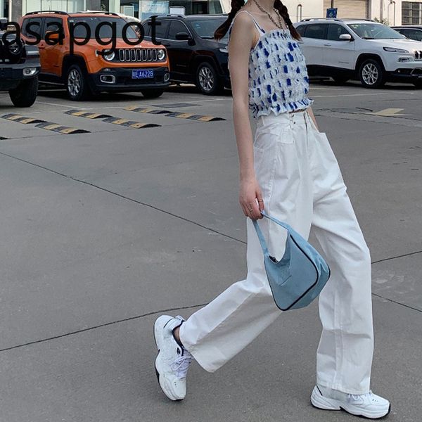 

loose adjustable high waist white casual pant women slim black wide leg pants korean chic wild straight trousers streetwear, Black;white