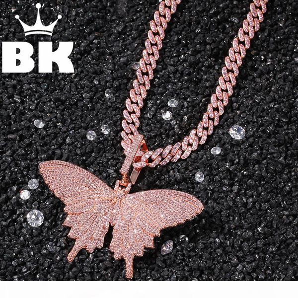 

hip hop custom pink butterfly pendant necklace combination words name with big clasp chain full iced cubic zirconia jewelry, Silver