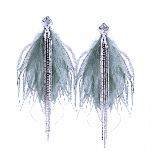 

n bohemian long chain tassel feather earrings for women fashion dangle drop earrings statement rhiestone earring qd, Silver