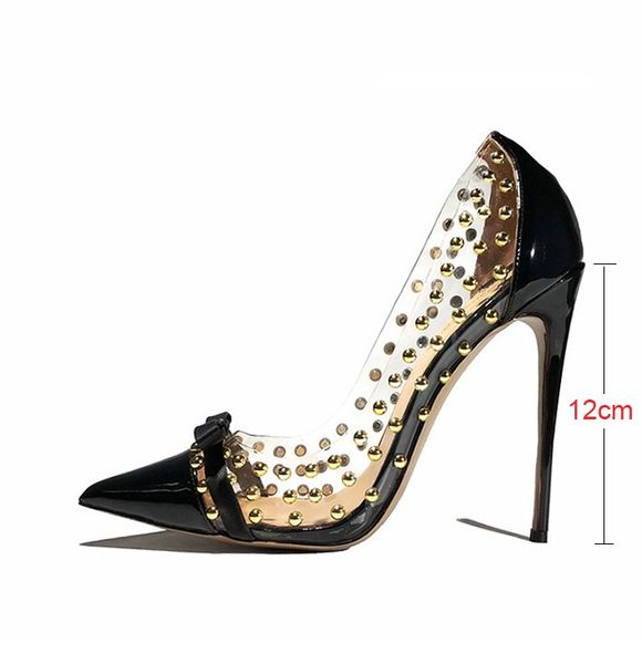 

свободный конструктор бесплатная доставка реальные пик открытым носком туфли на высоких каблуках пвх боути заклепки черный прозрачные женщин, Black