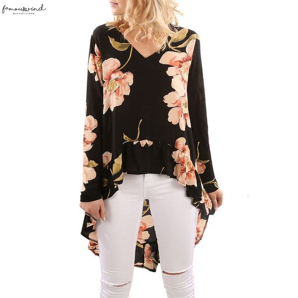 

fashion floral print low hem high blouse women clothing butterfly sleeve asymmetrical chiffon loose blusas, White